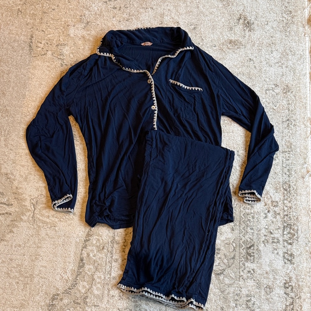 Eberjey Frida Tencel Navy Blue Pajama Set with White whipstich  Trim